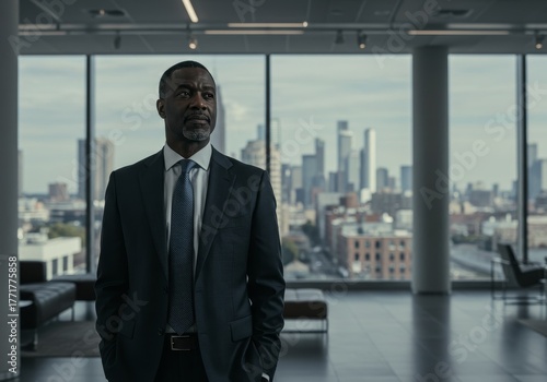 Wallpaper Mural Cinematic portrait of a serious black businessman in a suit against a rainy city skyline. Torontodigital.ca
