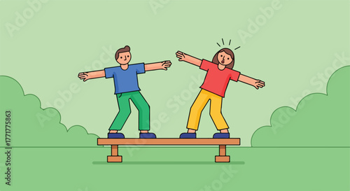 Two people on a balance beam, about to fall