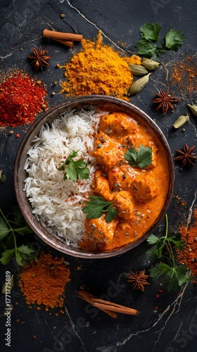 Delicious butter chicken served with fragrant basmati rice, garnished with fresh coriander and surrounded by colorful spices on a dark slate background, perfect for food lovers.