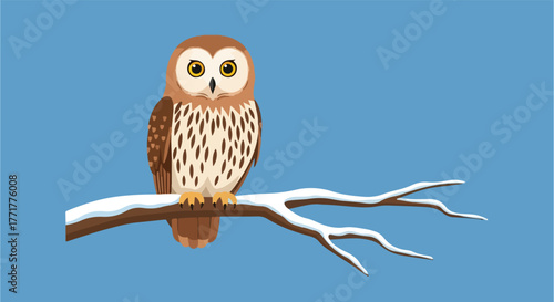 Cartoon owl perches on a snow-covered branch
