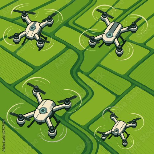 Drones flying over agricultural fields in a vibrant green landscape.