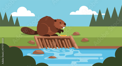Beaver next to a dam, with a river, trees, and sky