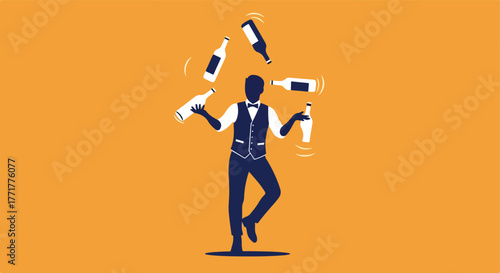 Silhouette of a bartender juggling bottles
