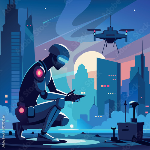 Silhouette of a humanoid robot repairing a flying drone under city lights
