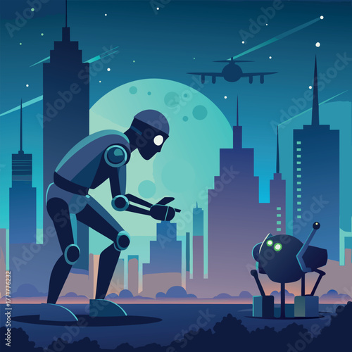 Silhouette of a humanoid robot repairing a flying drone under city lights