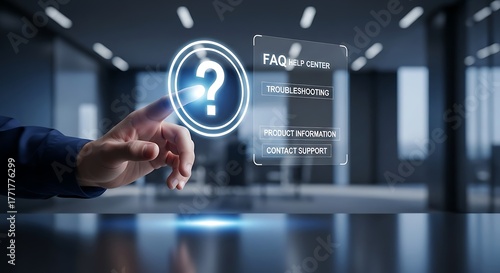 Professional hand interacting with futuristic digital interface for instant customer support and information retrieval in a modern office setting