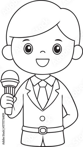 Happy cartoon journalist holding microphone ready for interview reporting news live event broadcast