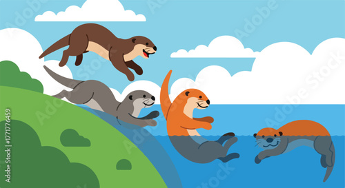 Cartoon otters frolicking