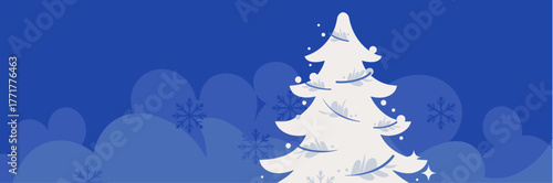 Snow-covered stylized Christmas tree with snowflakes on royal blue winter background