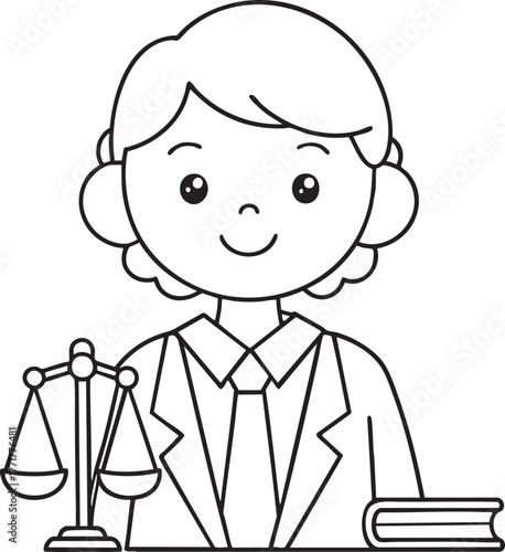 Cute cartoon lawyer with scales of justice and book symbolizing legal profession and fairness