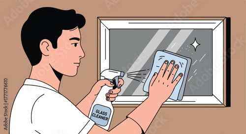 Person cleaning a window with a spray bottle and cloth