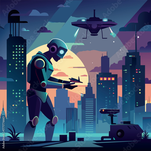 Silhouette of a humanoid robot repairing a flying drone under city lights