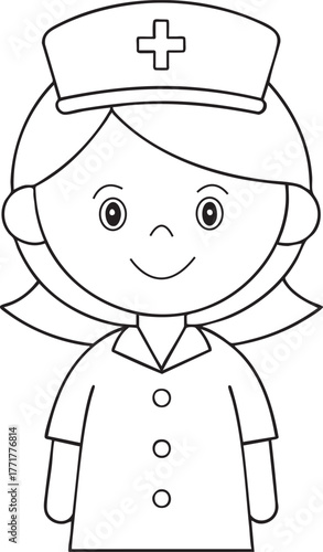 Cute cartoon nurse character with cap and scrubs for coloring and healthcare themes