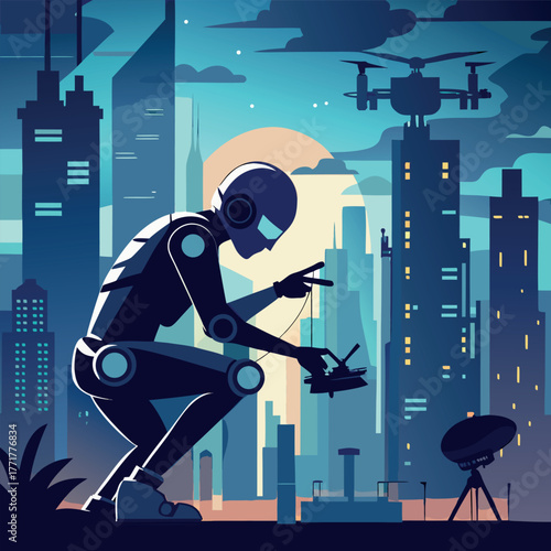 Silhouette of a humanoid robot repairing a flying drone under city lights