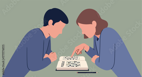 Illustration of two people doing a puzzle