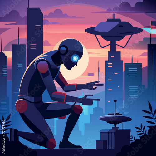 Silhouette of a humanoid robot repairing a flying drone under city lights