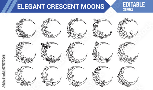 Vintage Crescent Moon Tattoo Designs – Botanical Vector Pack
