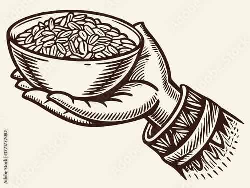 Hand Holding Bowl of Rice Vintage Rough Woodcut Engraving Linocut Style Vector Illustration