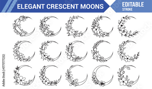 Minimalist Floral Crescent Moons – Boho Botanical Illustration Set