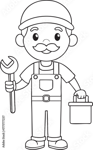 Cartoon plumber holding wrench and tool bucket ready for work skilled professional service