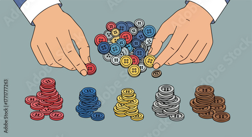 Hands arranging colored buttons