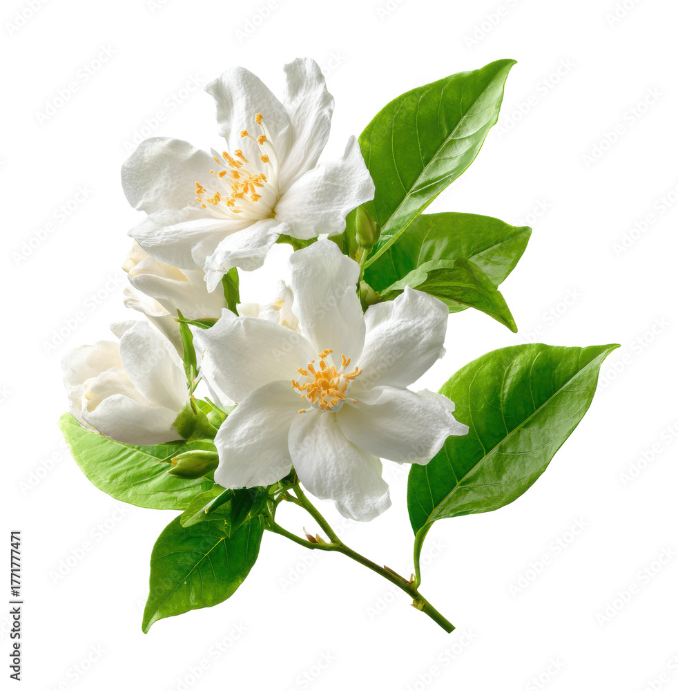 Fototapeta premium Beautiful white jasmine flowers nature scene fresh greenery isolated on transparent background