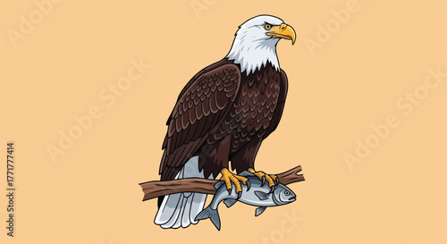 Cartoon image of a majestic eagle perched on a branch, holding a fish