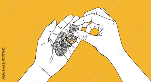 Hands holding and counting coins against a yellow background