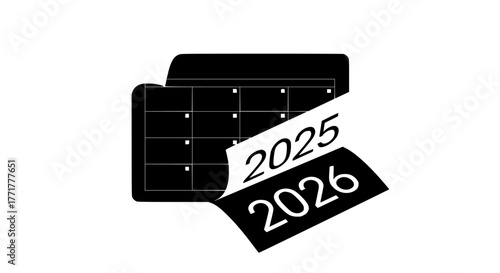 A black silhouette of a calendar flipping from 2025 to 2026, symbolizing the transition to a new year and the passage of time.


