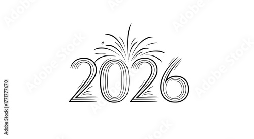 The year "2026" rendered in an elegant line-art style with fireworks bursting from the top, celebrating the arrival of the New Year.

