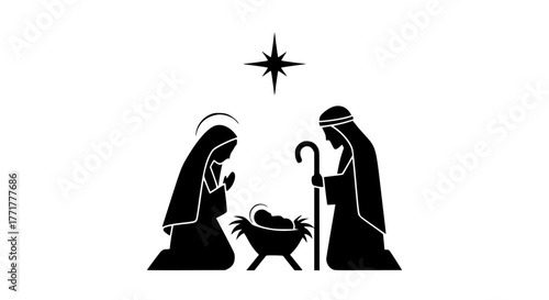 A black silhouette of the Nativity scene with Mary, Joseph, baby Jesus, and the Star of Bethlehem, representing the traditional story of Christmas.

