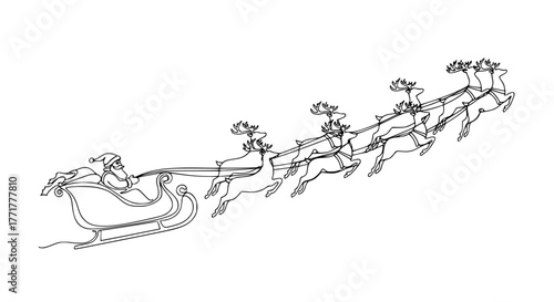 A simple line drawing of Santa Claus in his sleigh being pulled by reindeer, capturing the classic magic of Christmas Eve.

