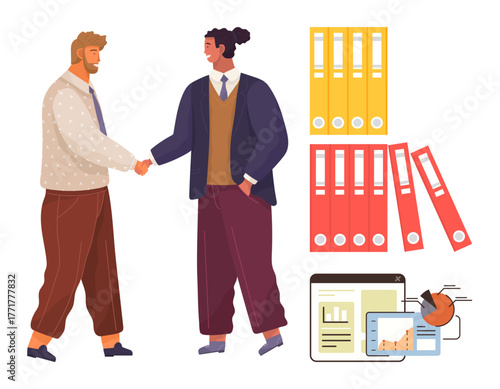 Two colleagues engage in a handshake near stacked office binders and digital data visualizations. Ideal for teamwork, collaboration, partnership, analytics, business organization, professional