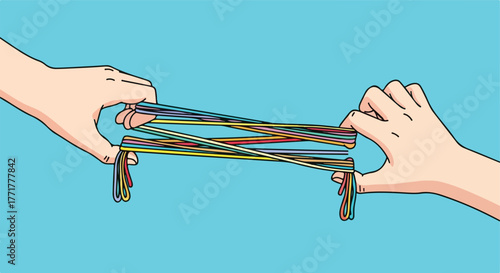 Hands holding multi-colored rubber bands stretched between them on a blue background