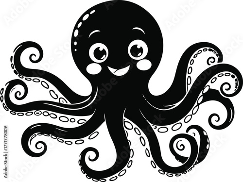 Cute smiling octopus character, black outline cartoon vector, minimalist composition, white background 2