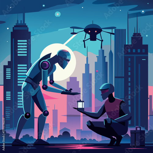 Silhouette of a humanoid robot repairing a flying drone under city lights