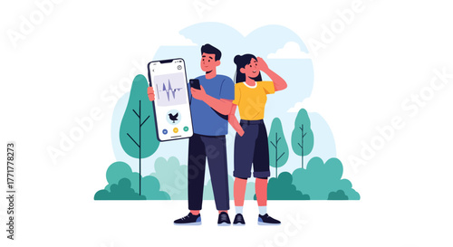 Couple observing nature with phone, bird call app