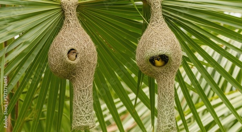 Close-up of Two Woven Bird Nests Hanging from Palm Frond. Baya Weaver Nests with Yellow Bird in Tropical Foliage. Intricate Bird Nests with Small Bird on Green Background.