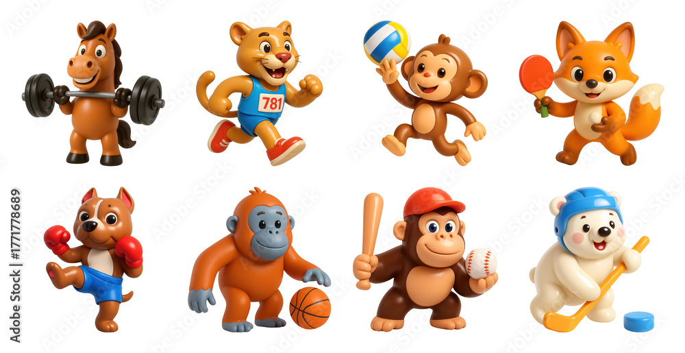 Fototapeta premium PNG Playful animals enjoying sports, element set on transparent background