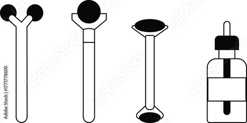 Skincare and beauty massage tool icons set with serum bottle, face roller, eye massager and dual head facial roller transparent background.