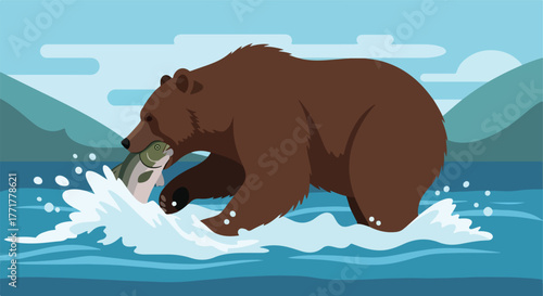 Bear catching a fish in a river