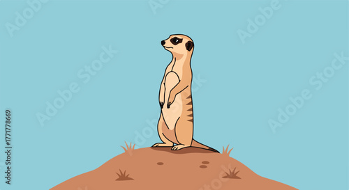 Cartoon meerkat standing on a hill, looking left. Blue sky background