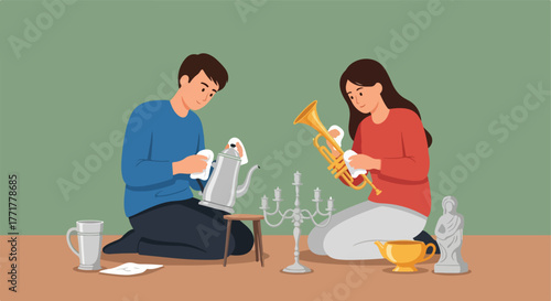 People polishing items. A man and a woman cleaning items with cloths