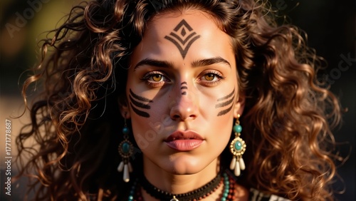 Portrait of young woman with curly hair and ethnic face paint, wearing tribal jewelry outdoors