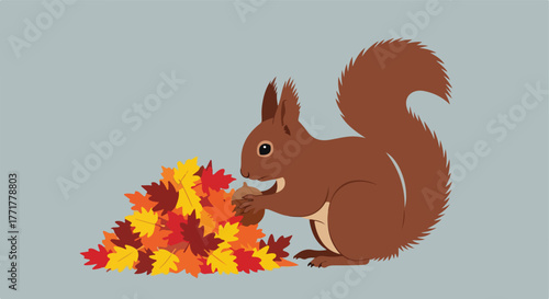 Cartoon squirrel holding a nut, surrounded by fallen leaves