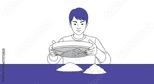 Person sifting material with a sieve, piles of it below