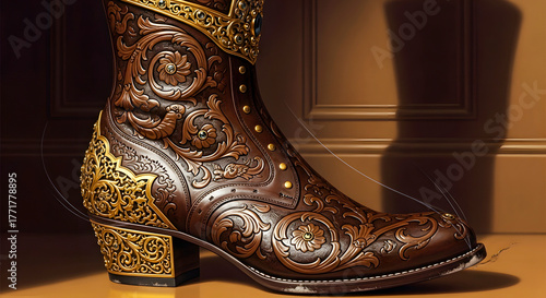 An exquisitely crafted brown leather boot showcasing intricate baroque-style floral carvings and ornate golden filigree details
