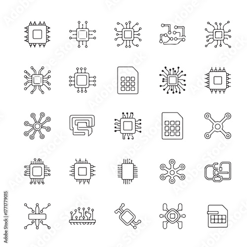 Collection of electronic chip and circuit icons, including cpus, sim cards, and abstract microchip designs