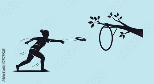 Silhouette illustration of a person throwing a frisbee towards a hoop