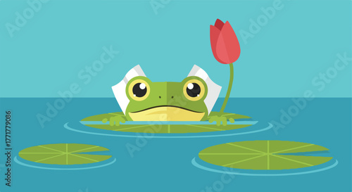 Cartoon frog on lily pad in water with a red flower